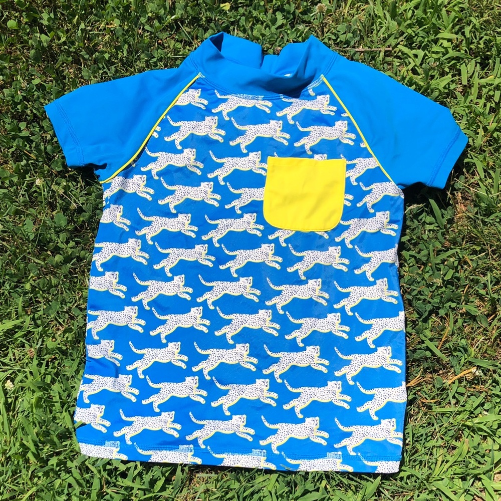 Boden Blue Leopard-Print Kids Rash Guard with Yellow Pocket